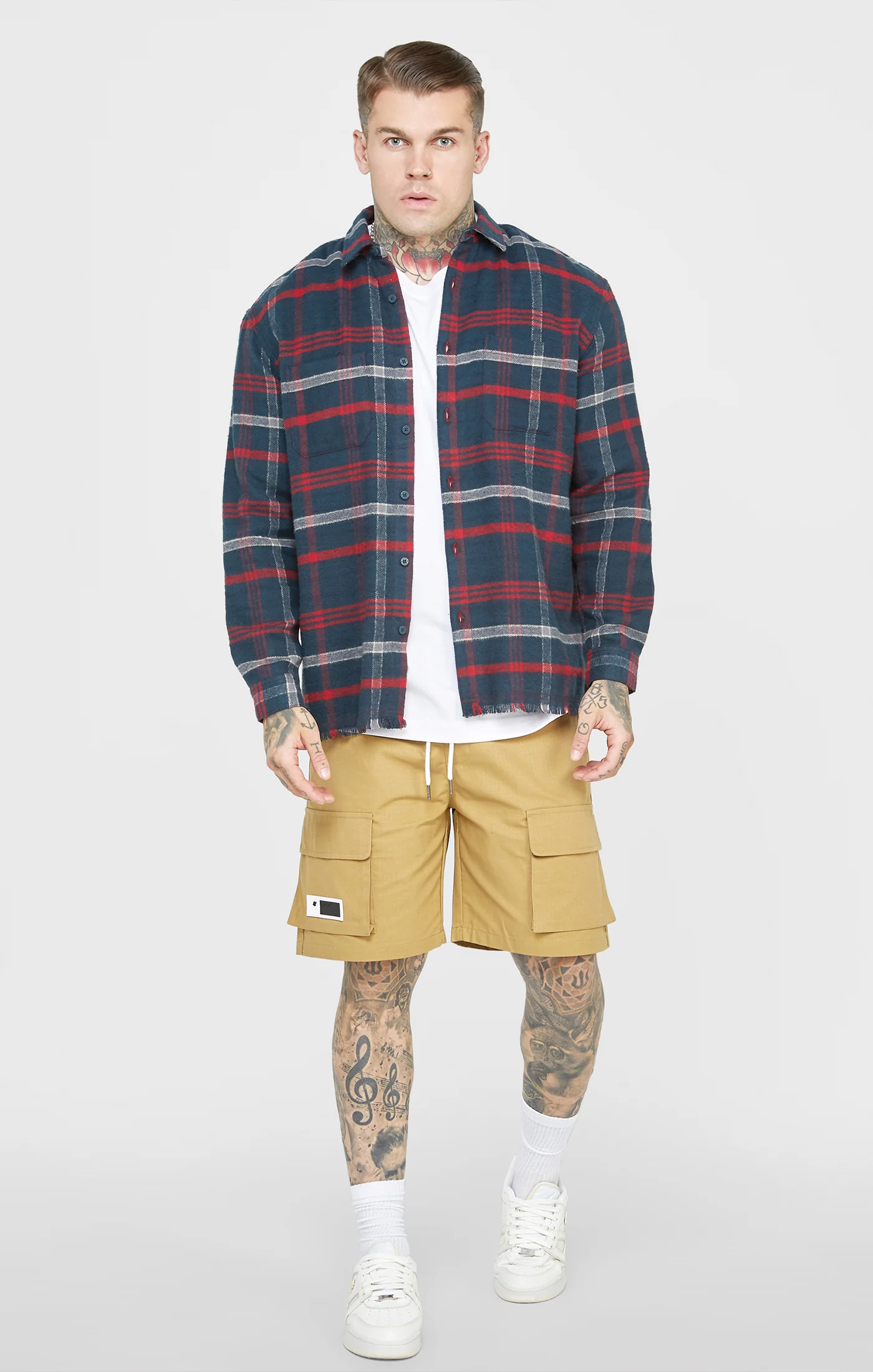 Navy Towelling Logo Long Sleeve Check Shirt - Image 3