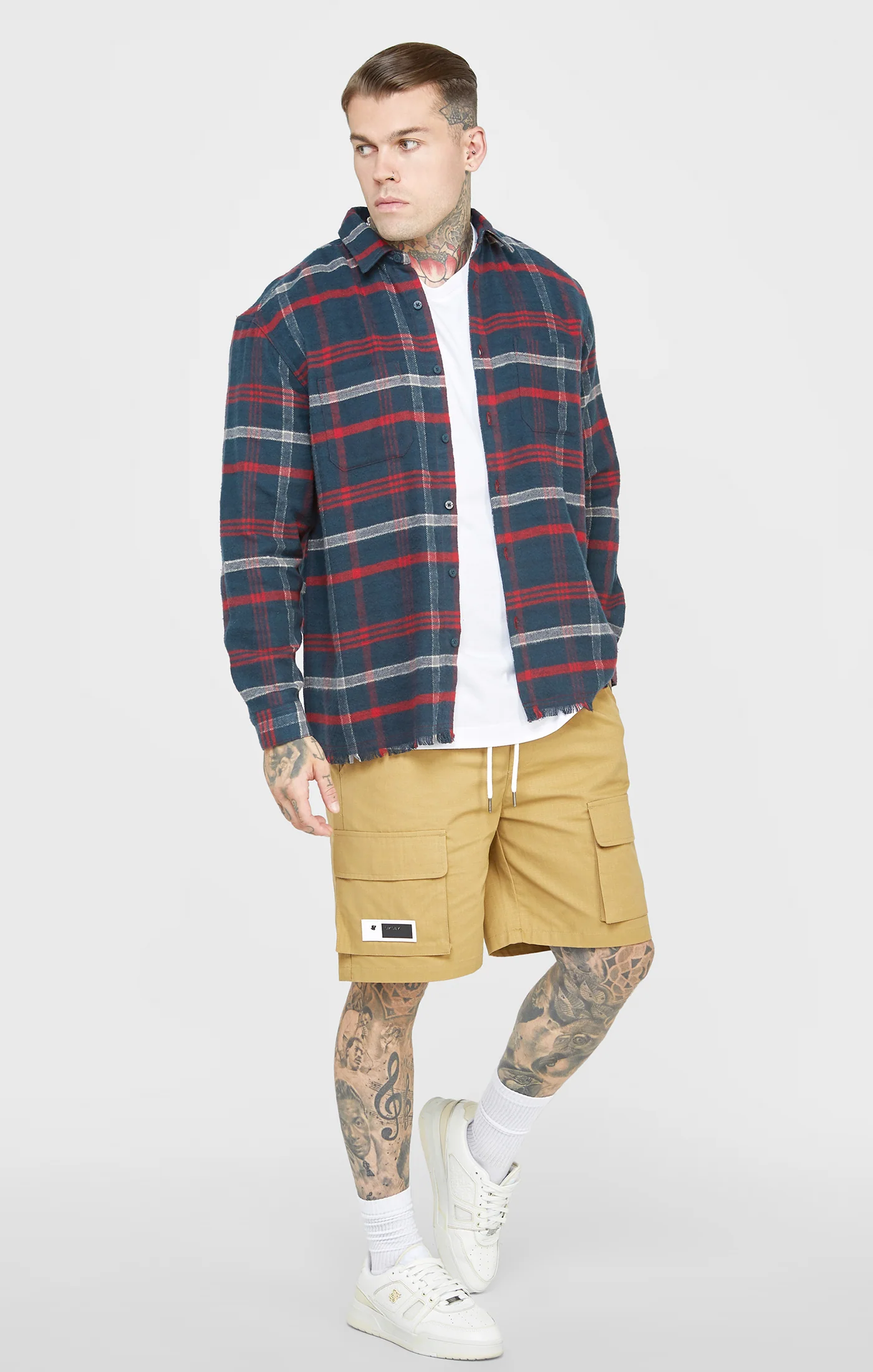 Navy Towelling Logo Long Sleeve Check Shirt - Image 4