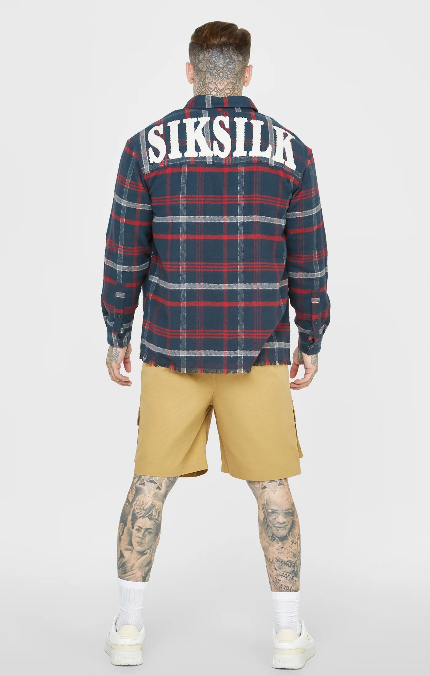 Navy Towelling Logo Long Sleeve Check Shirt - Image 5