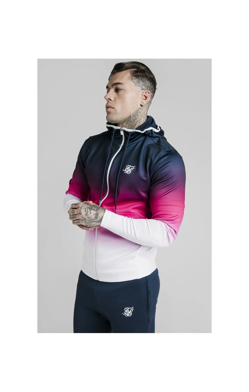 SikSilk Tri-Fade Agility Zip Through Hoodie - Navy,Pink & White