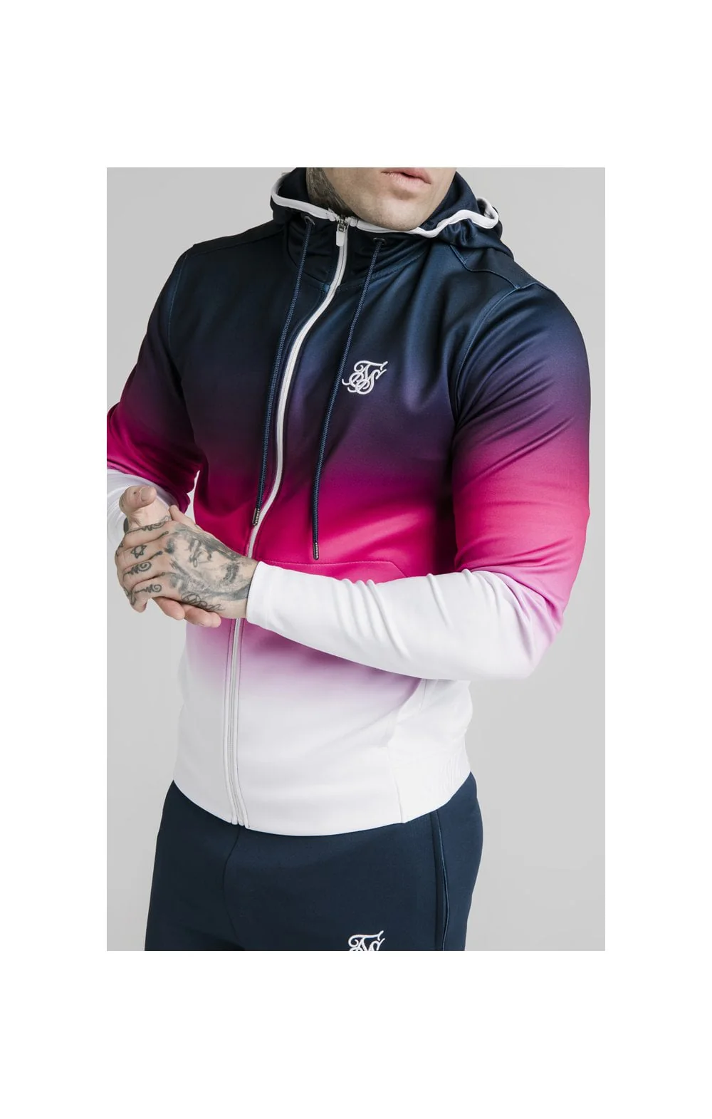 SikSilk Tri-Fade Agility Zip Through Hoodie - Navy,Pink & White - Image 2