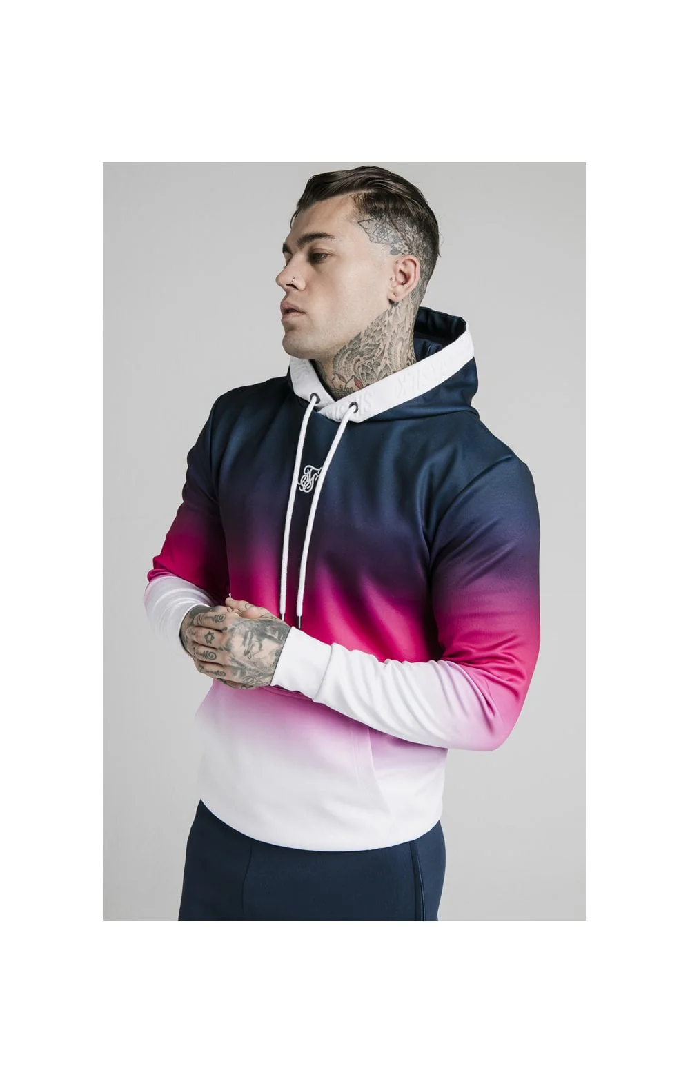 SikSilk Tri-Fade Overhead Hoodie - Navy,Pink & White
