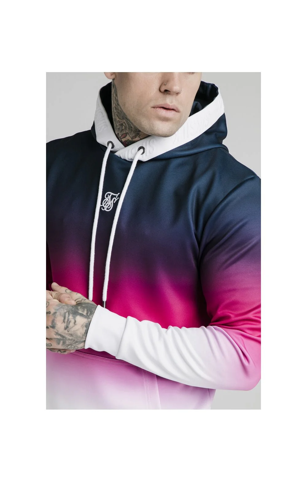 SikSilk Tri-Fade Overhead Hoodie - Navy,Pink & White - Image 2