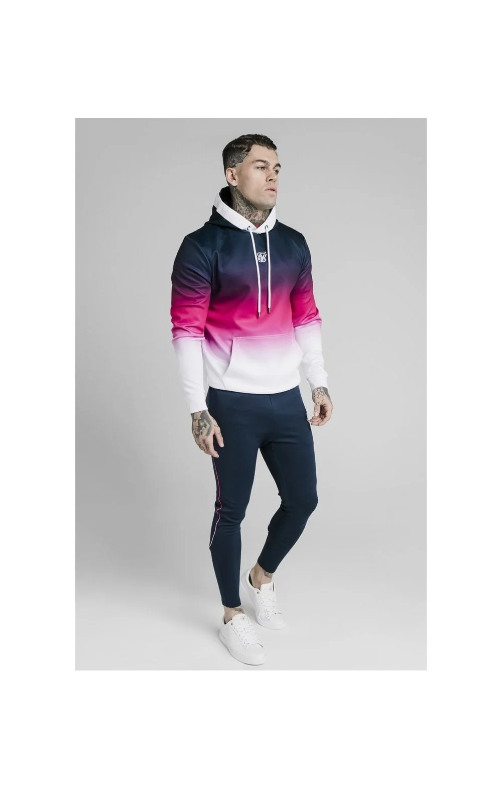 SikSilk Tri-Fade Overhead Hoodie - Navy,Pink & White - Image 3