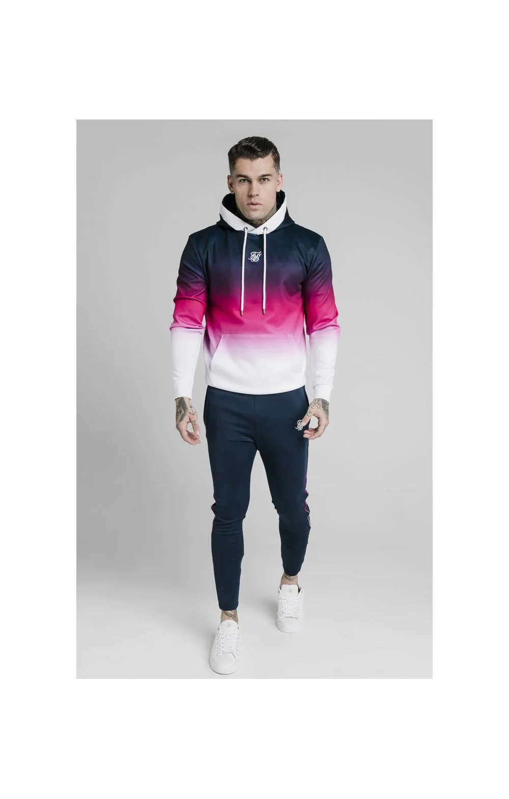 SikSilk Tri-Fade Overhead Hoodie - Navy,Pink & White - Image 4