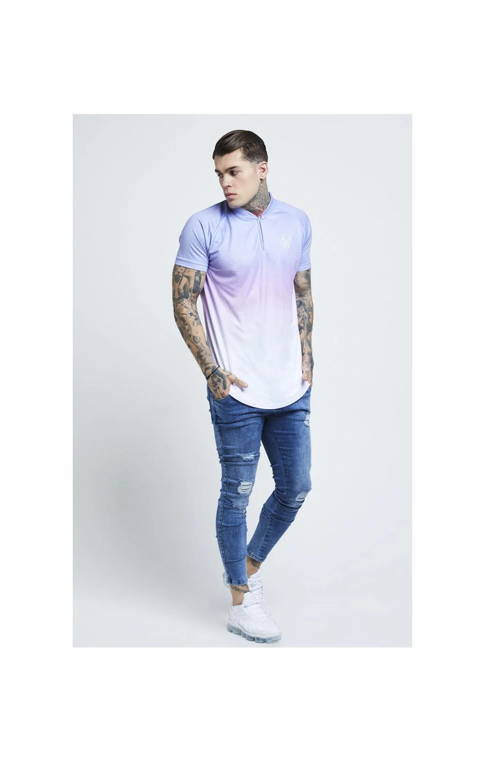 SikSilk Triple Fade Baseball Tee - Blue,Lilac & White - Image 5