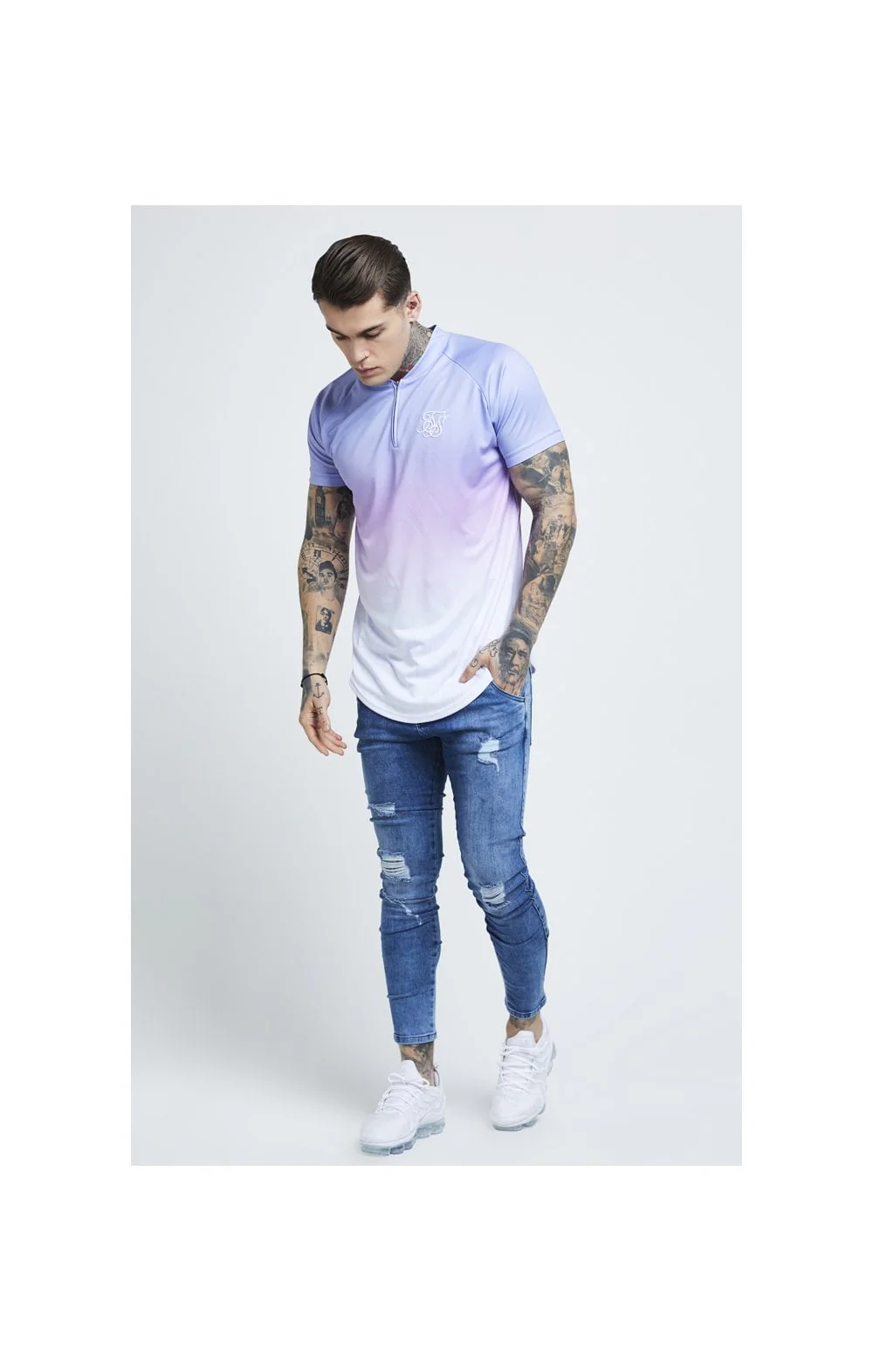 SikSilk Triple Fade Baseball Tee - Blue,Lilac & White - Image 6