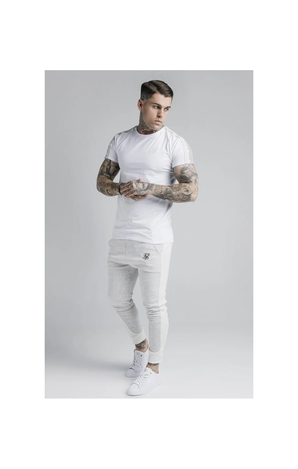 SikSilk Unite Panelled Joggers - Grey & Cream - Image 4