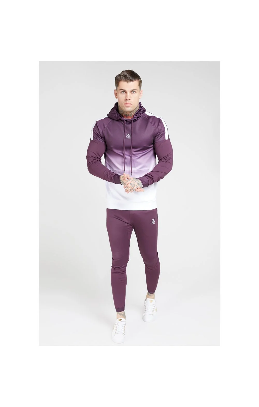 SikSilk Vapour Hybrid Sleeve Tape Hoodie - Rich Burgundy Fade - Image 3