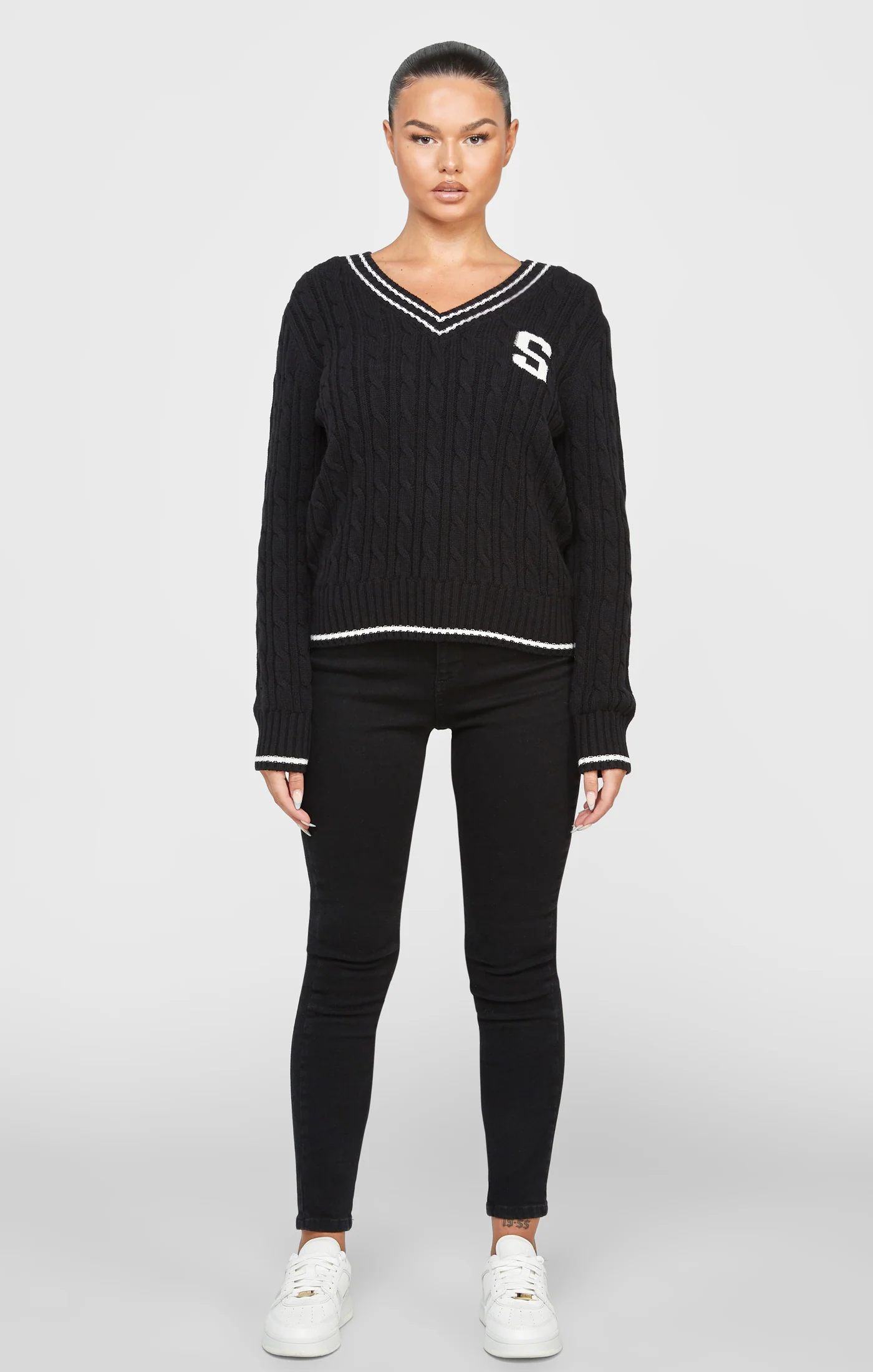 Black Varsity Cable Knit Sweater - Image 3