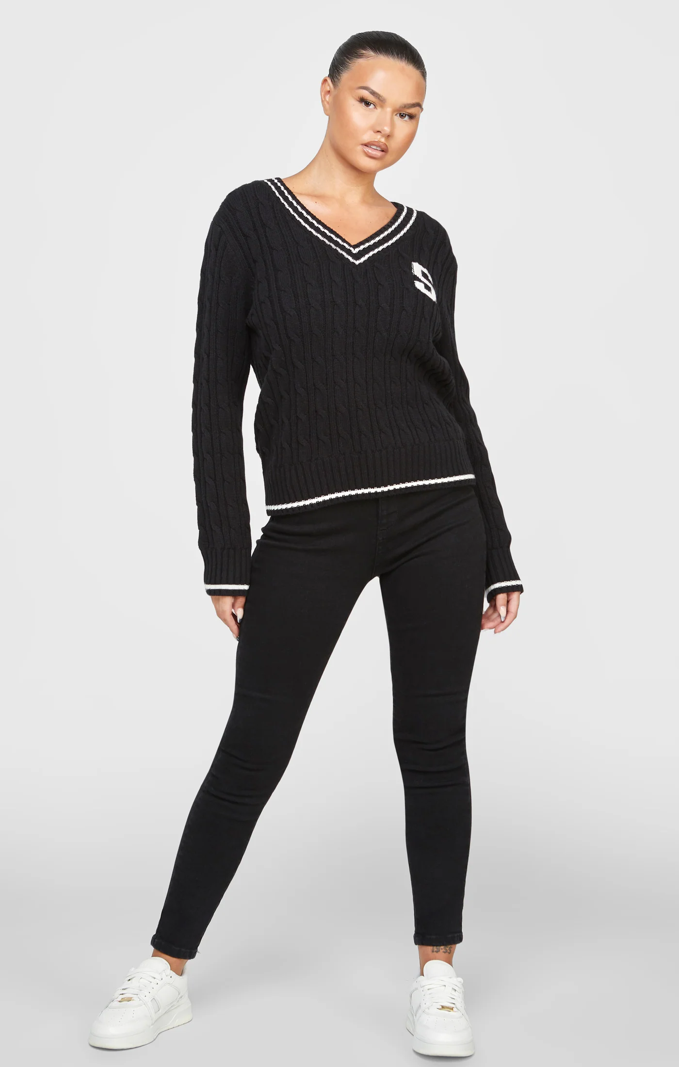 Black Varsity Cable Knit Sweater - Image 4