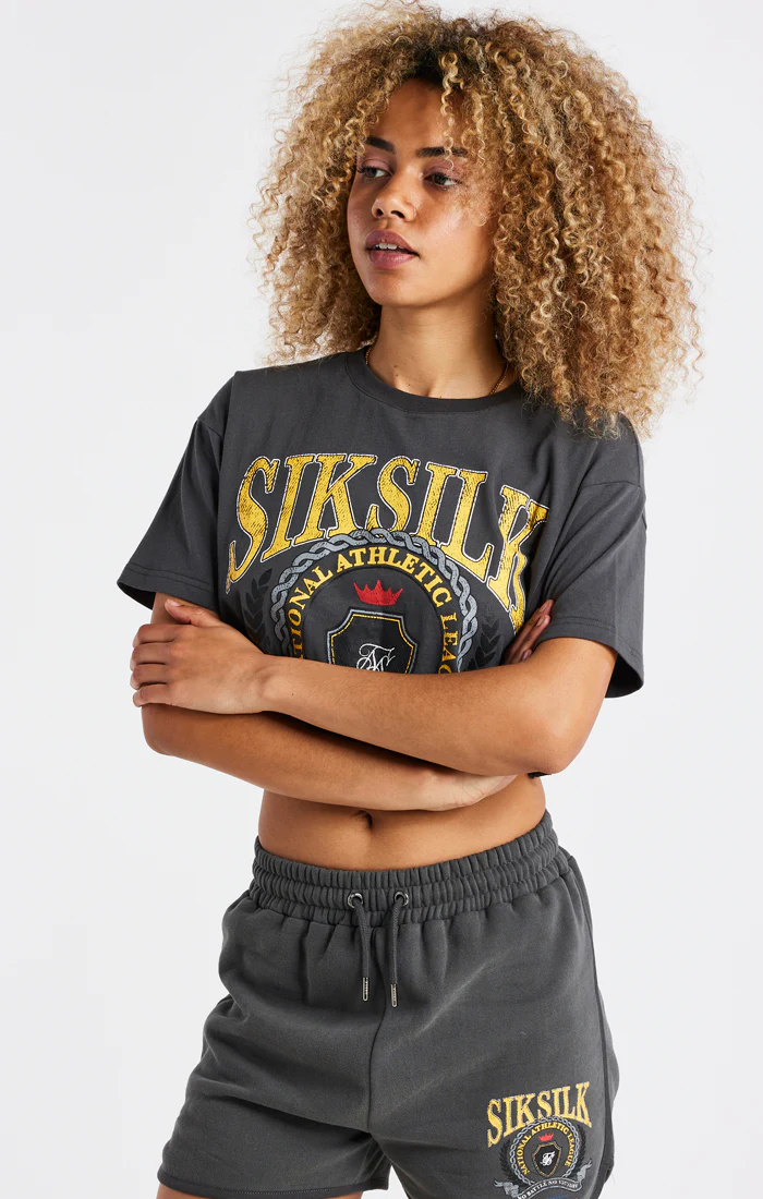 SikSilk Varsity Crop Tee - Washed Grey - Image 2