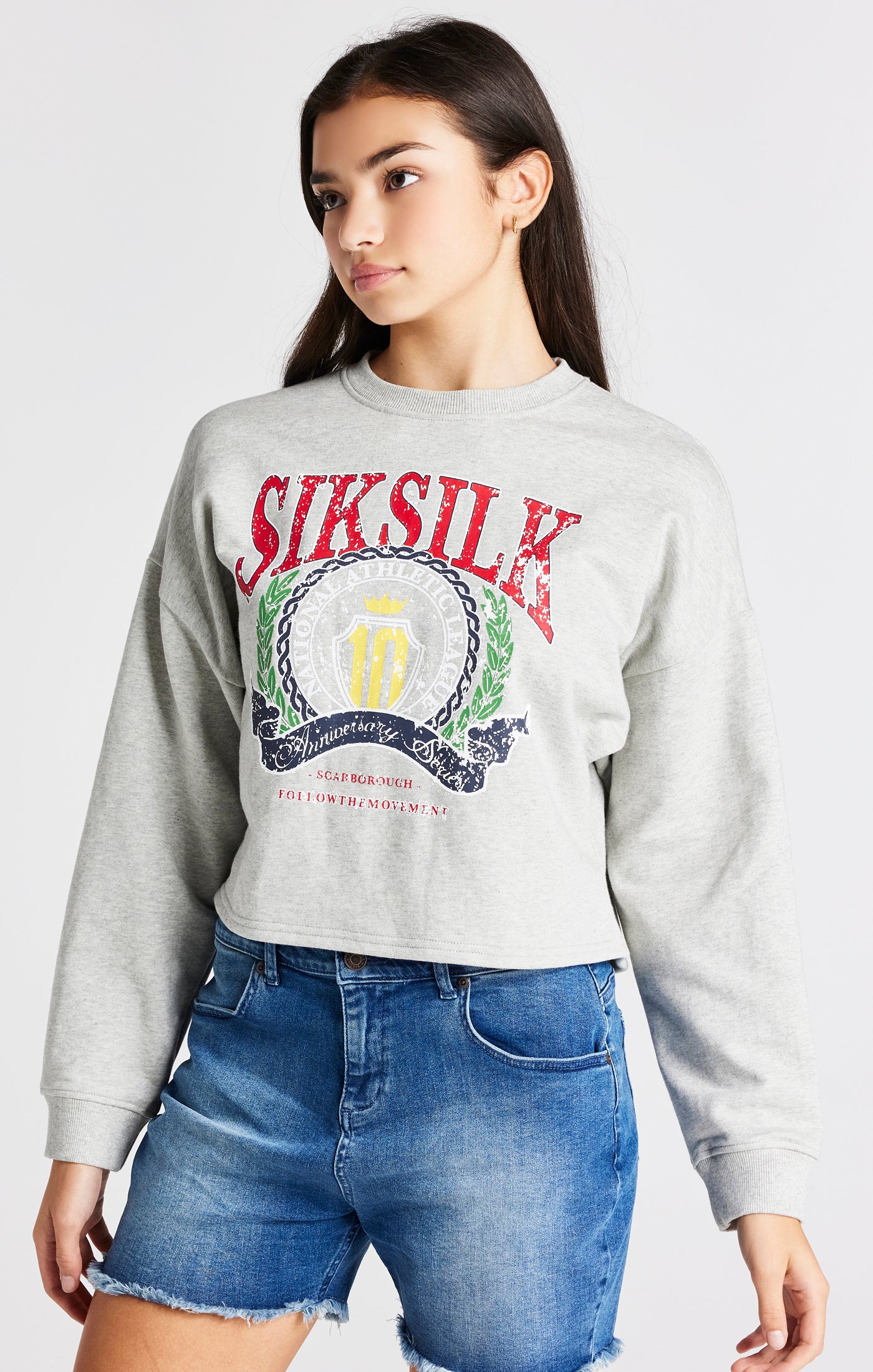 Girls Grey Marl Varsity Crop Crew Sweater
