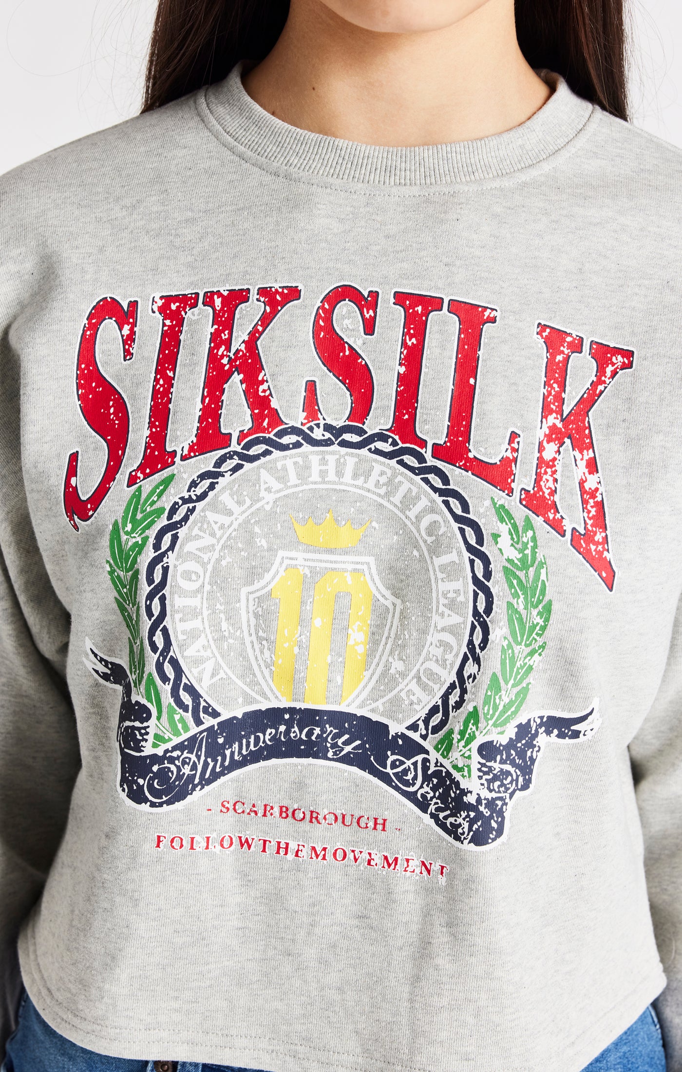 Girls Grey Marl Varsity Crop Crew Sweater - Image 2