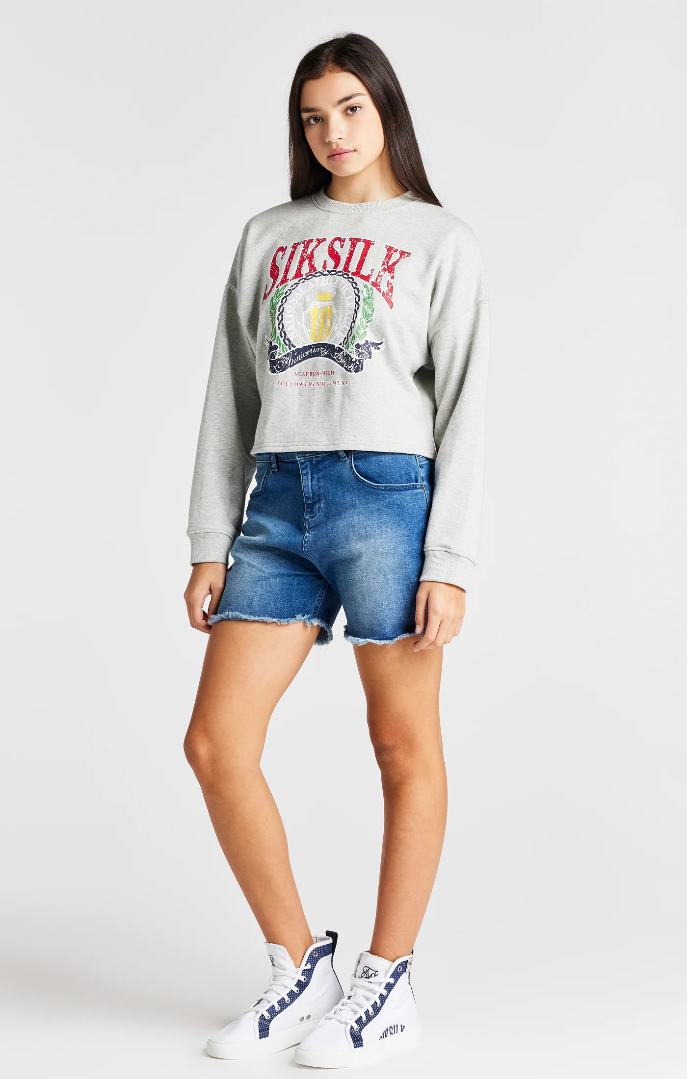 Girls Grey Marl Varsity Crop Crew Sweater - Image 3