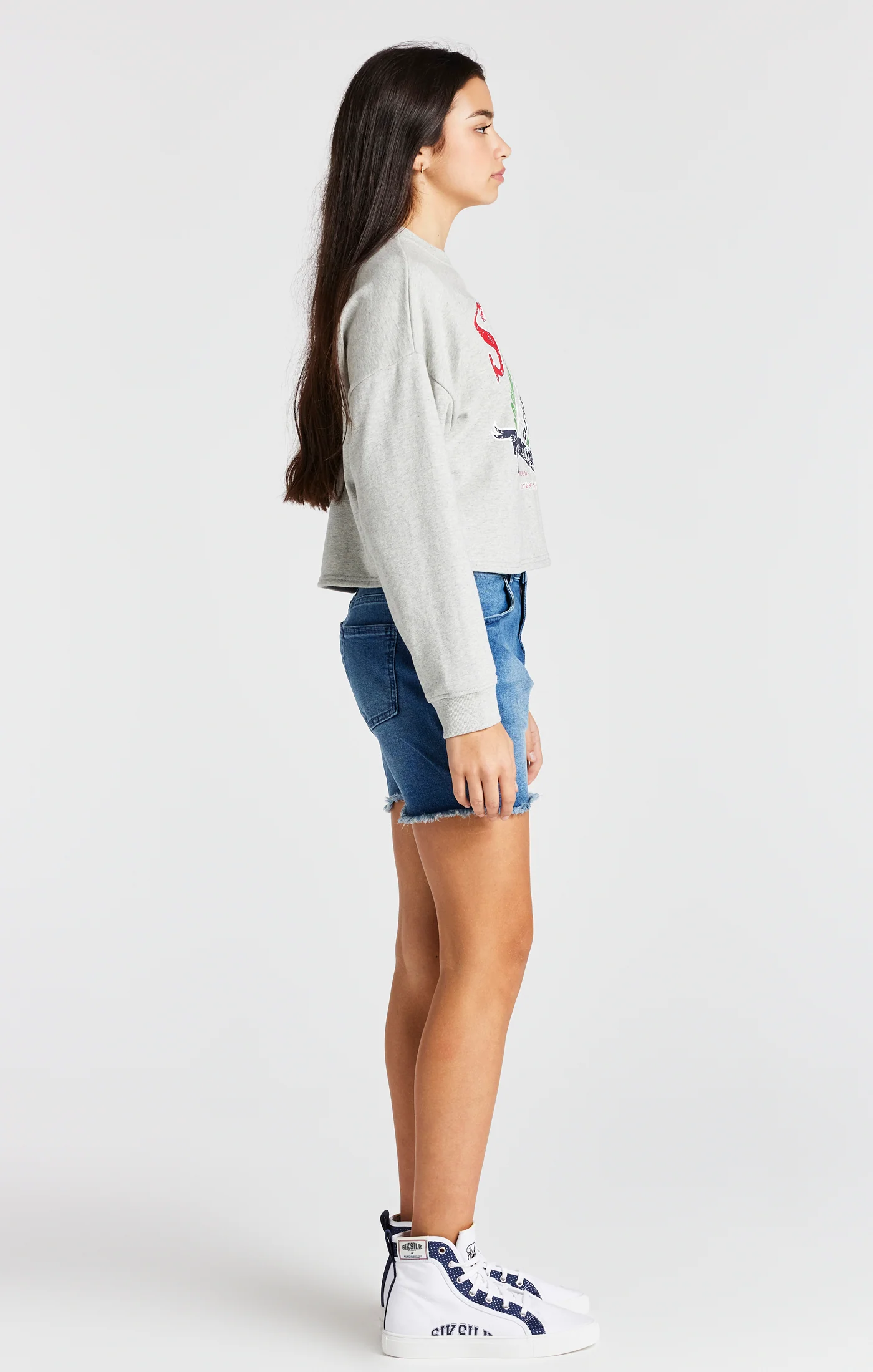 Girls Grey Marl Varsity Crop Crew Sweater - Image 4