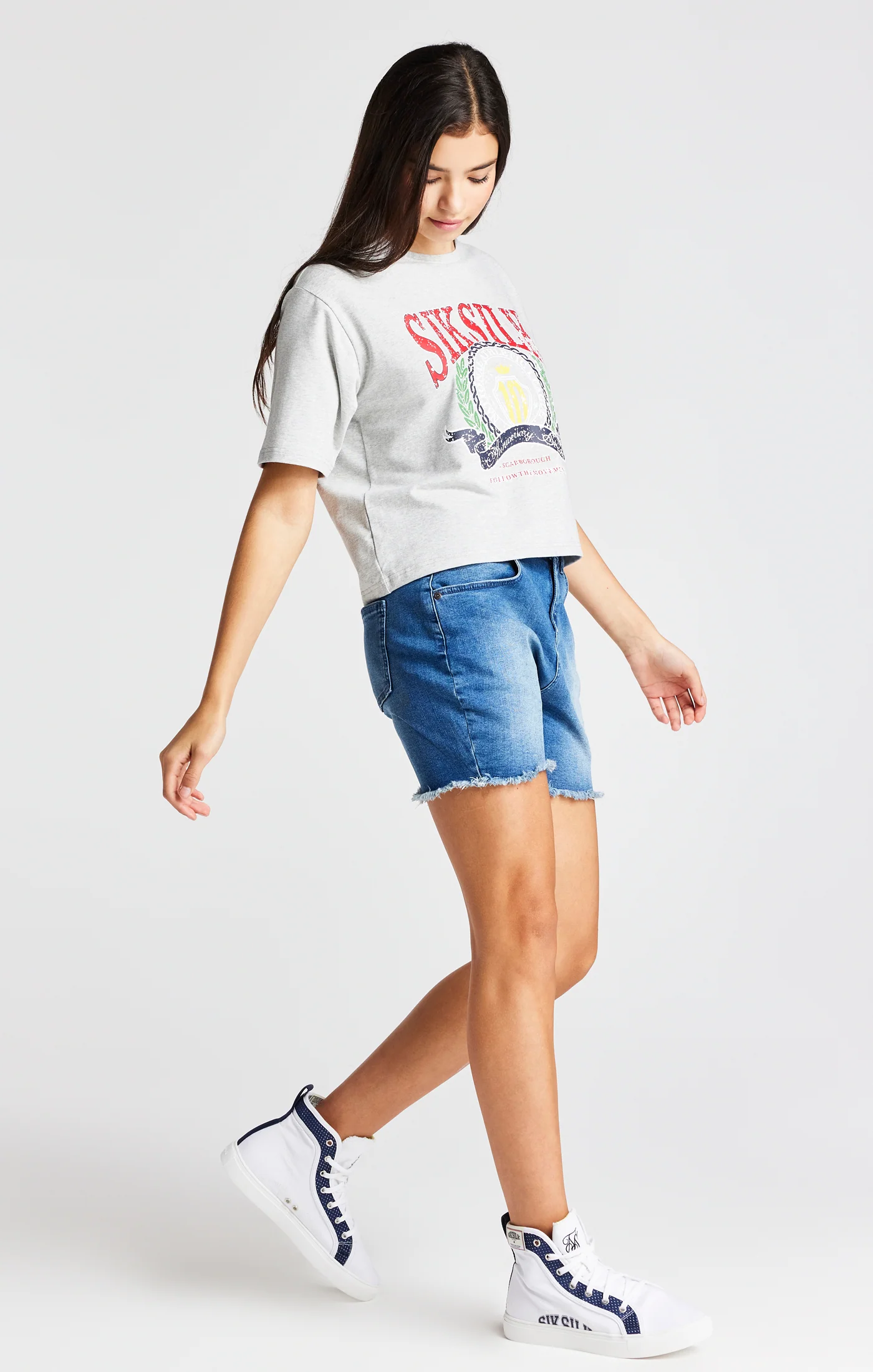 Girls Grey Marl Varsity Crop T-Shirt - Image 6