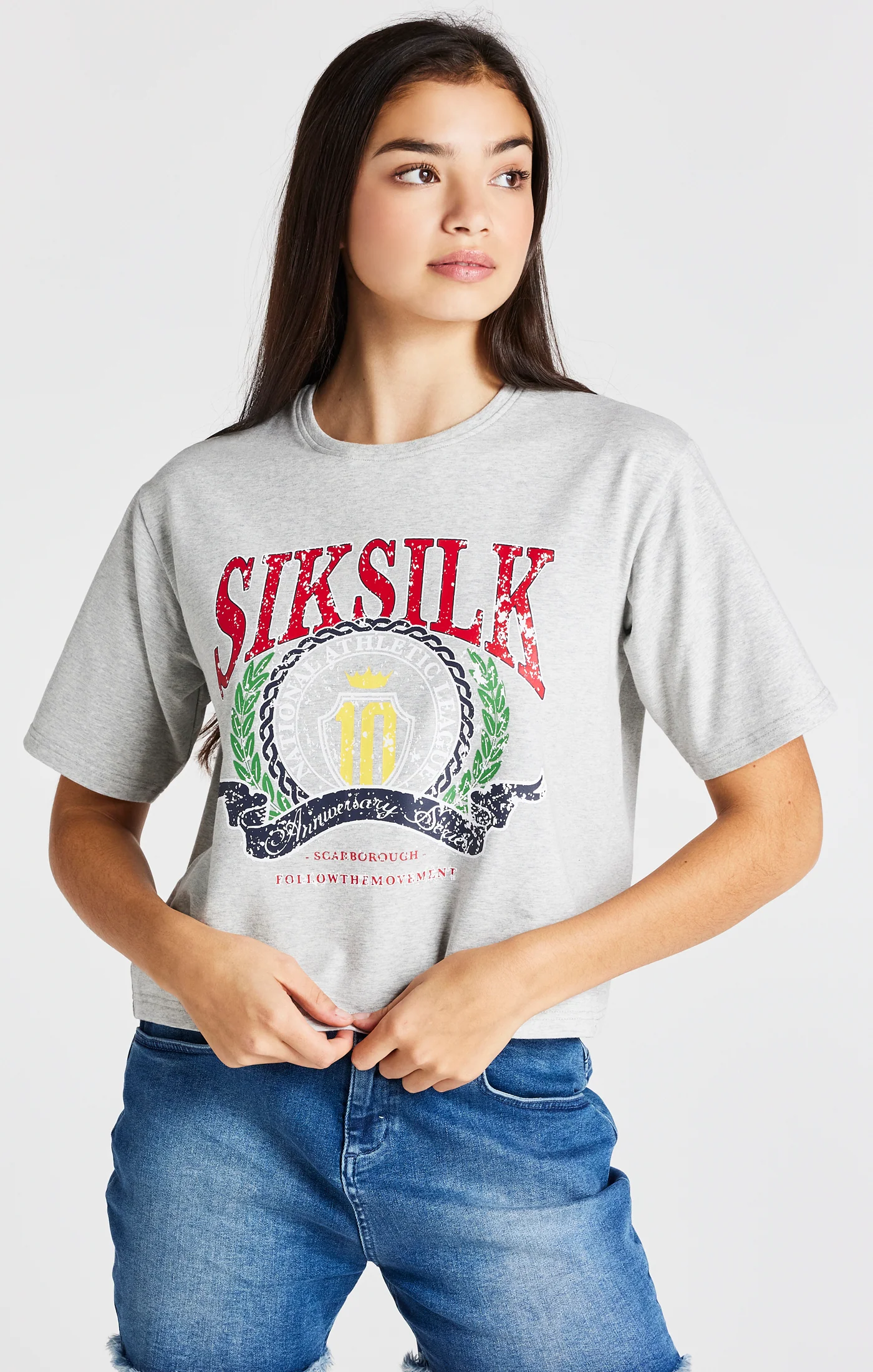 Girls Grey Marl Varsity Crop T-Shirt - Image 7
