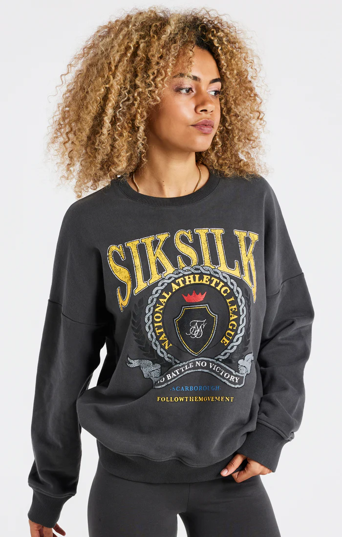 SikSilk Varsity Oversize Sweatshirt - Washed Grey - Image 2