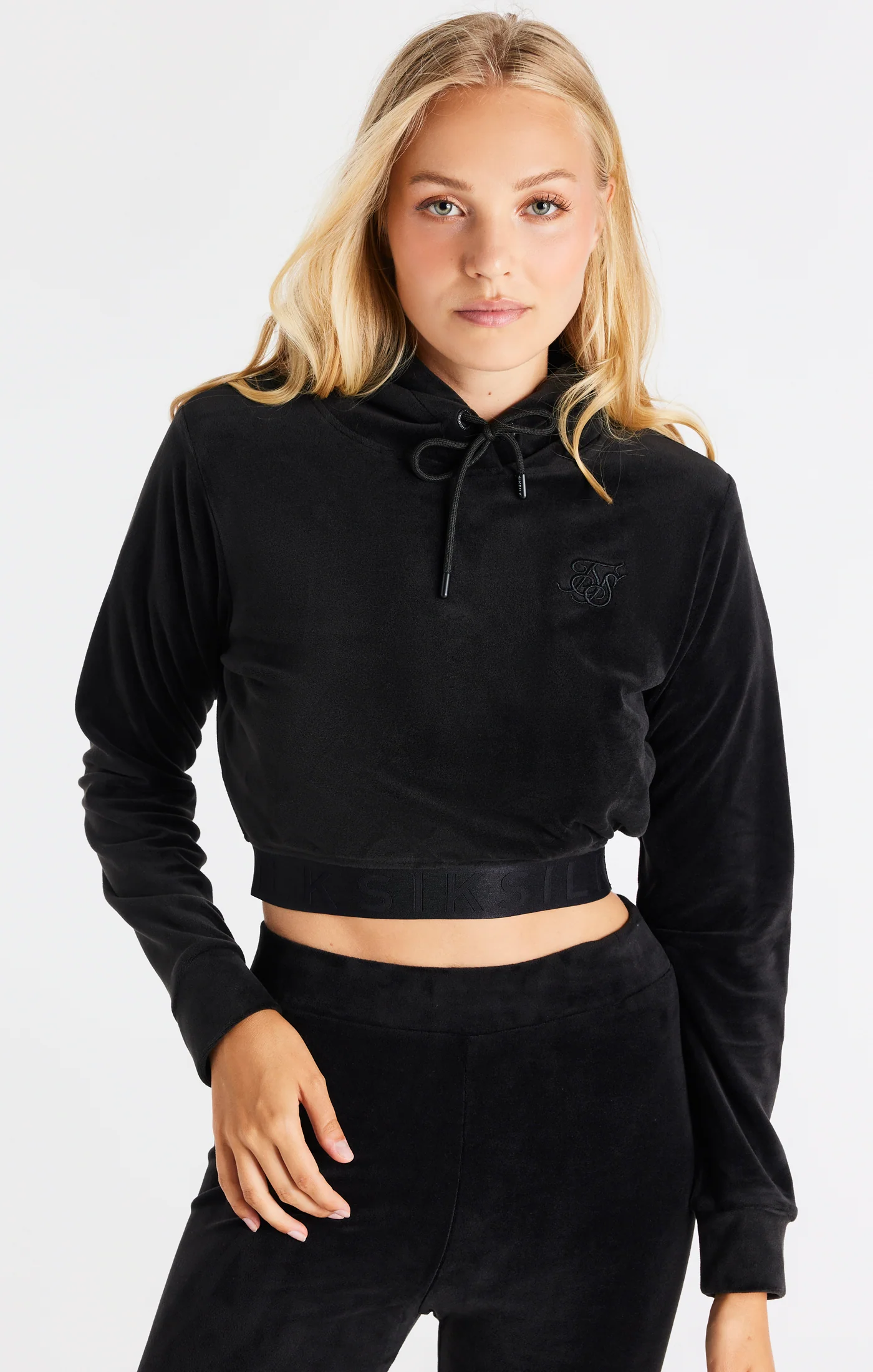 Black Velour Cropped Hoodie
