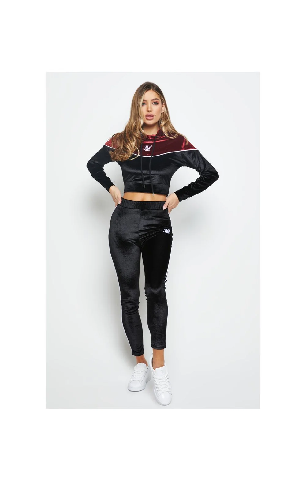 SikSilk Velour Piping Hoodie - Black & Burgundy - Image 4