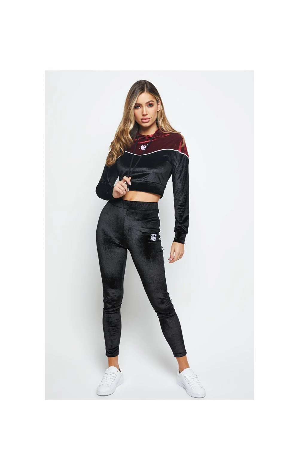 SikSilk Velour Piping Hoodie - Black & Burgundy - Image 5