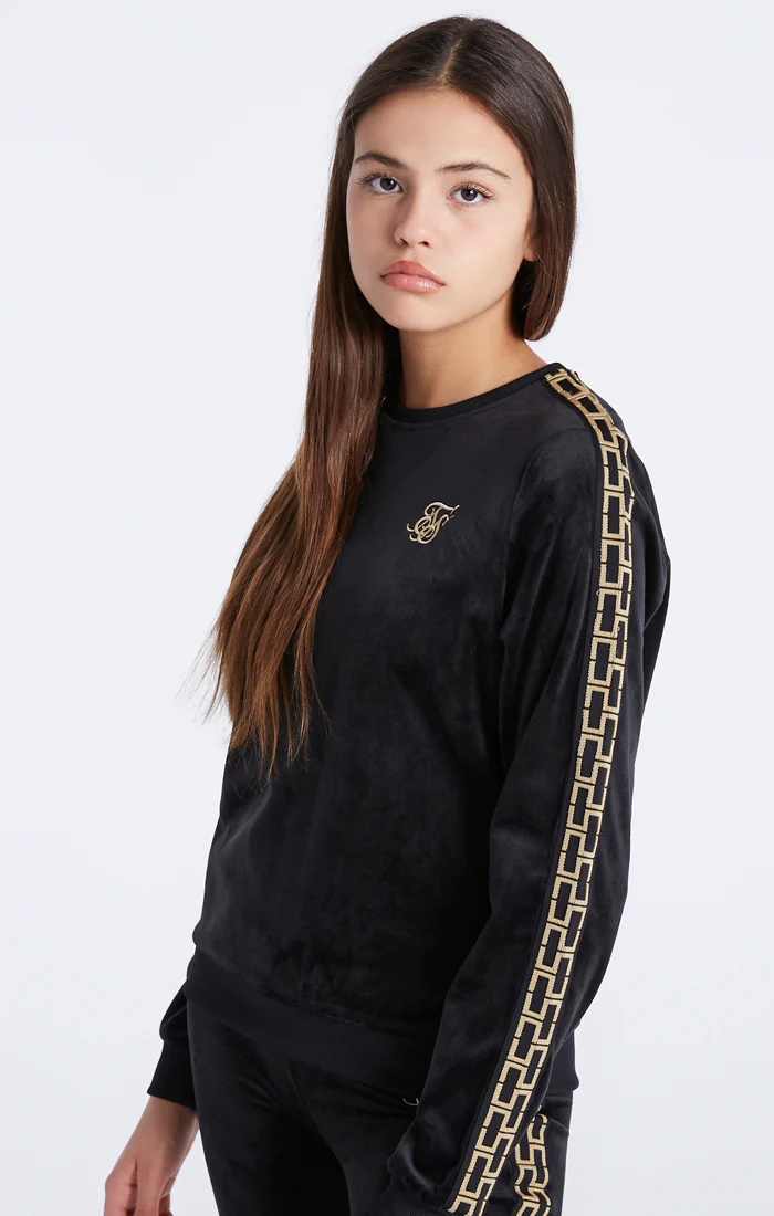 Girls Black Velour Taped Crew Sweatshirt - Image 2