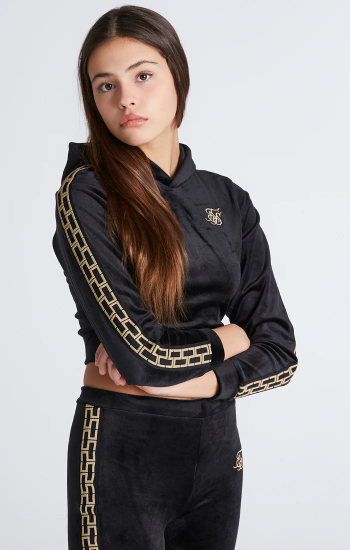 Girls Black Velour Taped Cropped Hoodie