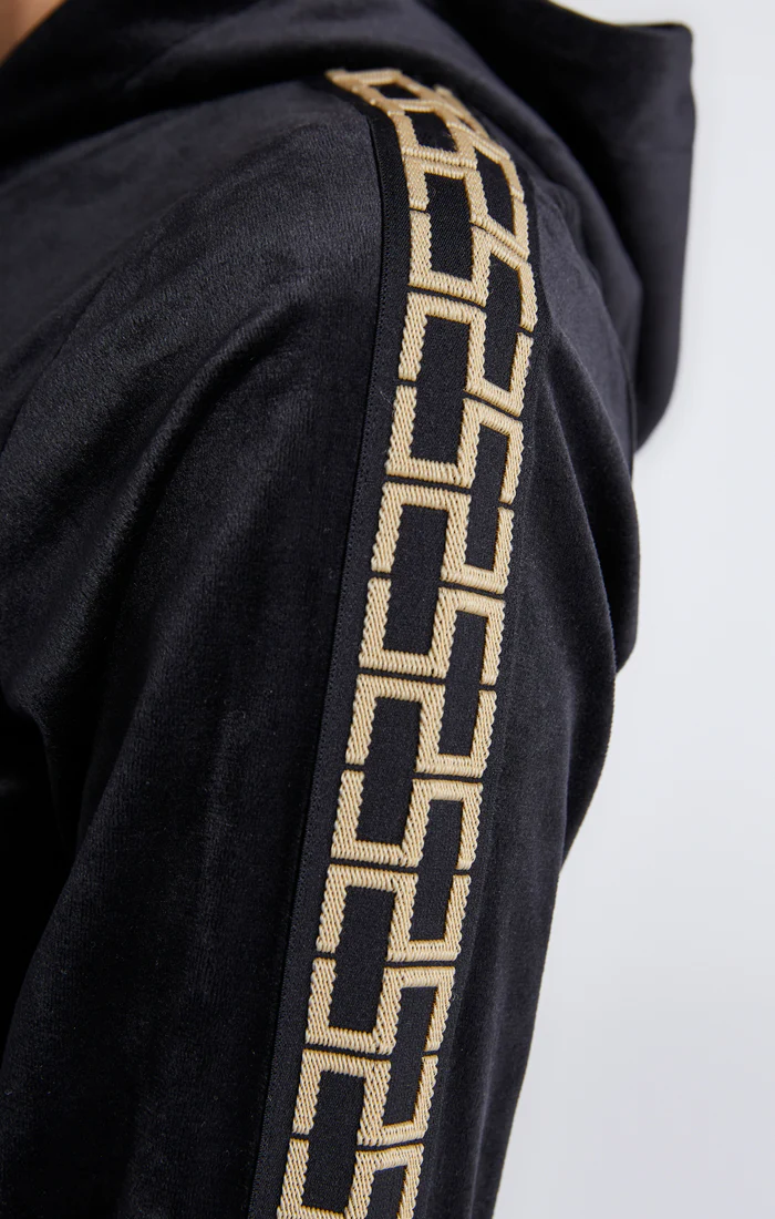 Girls Black Velour Taped Cropped Hoodie - Image 3