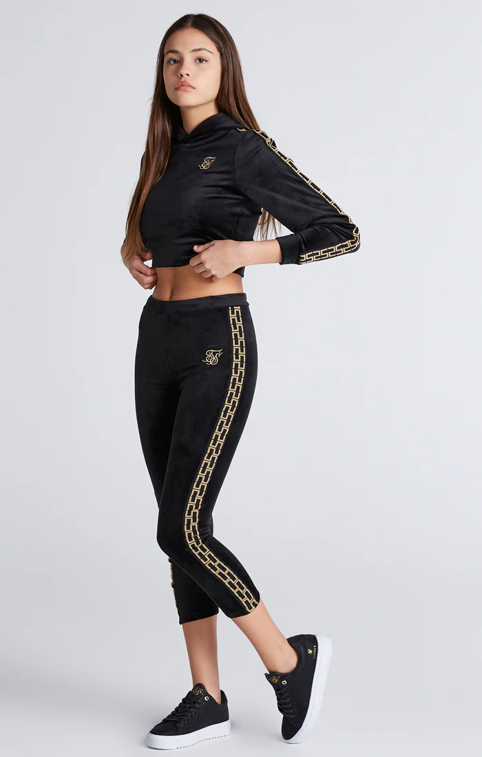 Girls Black Velour Taped Cropped Hoodie - Image 6