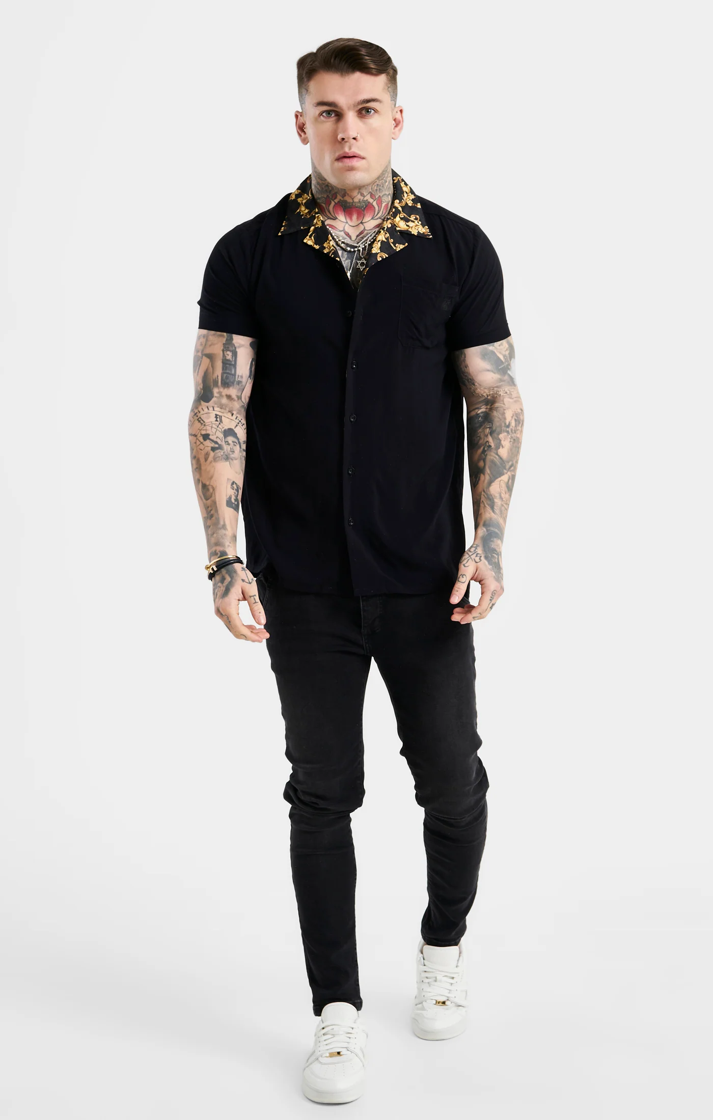 SikSilk Venetian Contrast Collar Oversized Shirt - Black & Gold - Image 3