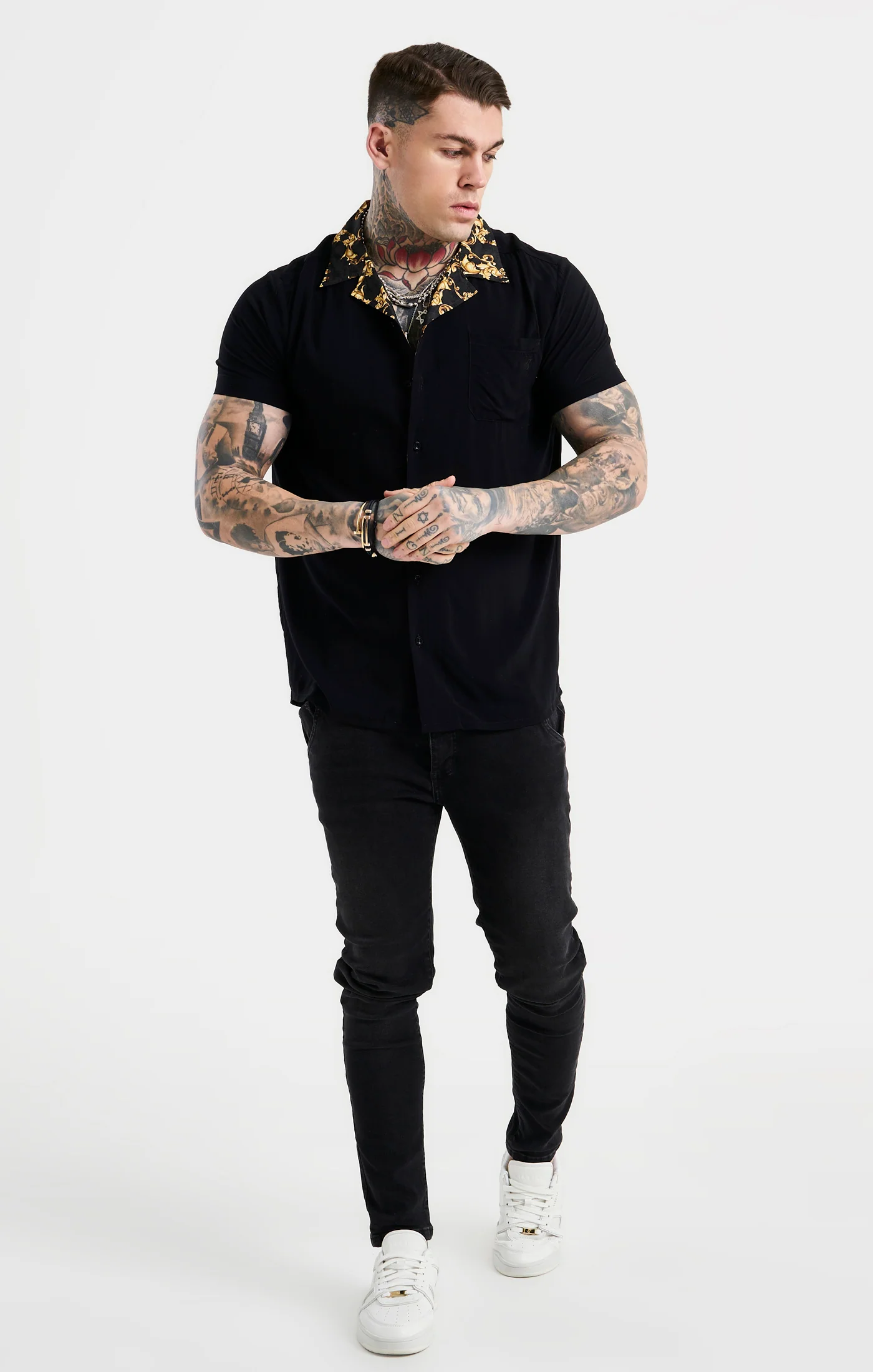 SikSilk Venetian Contrast Collar Oversized Shirt - Black & Gold - Image 4