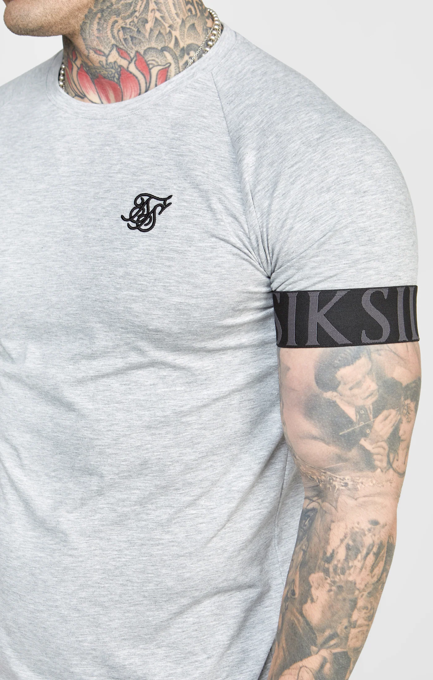 SikSilk Venetian Print Elastic Cuff Raglan T-Shirt - Grey Marl - Image 2