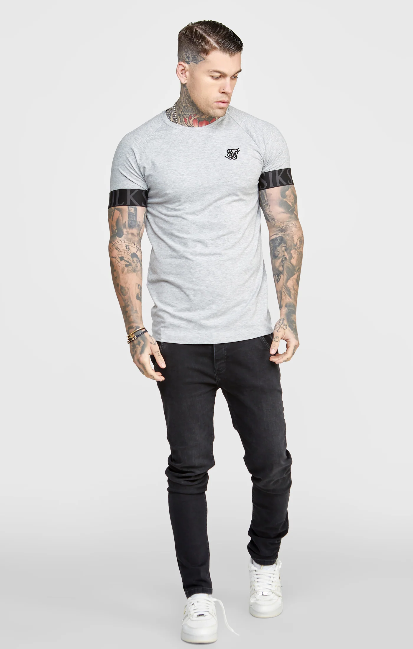 SikSilk Venetian Print Elastic Cuff Raglan T-Shirt - Grey Marl - Image 3