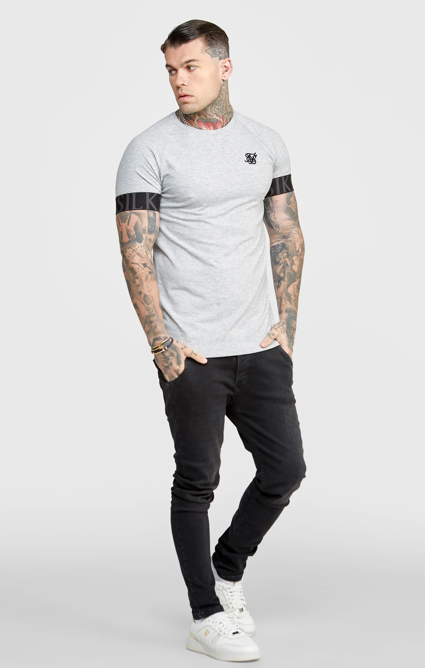 SikSilk Venetian Print Elastic Cuff Raglan T-Shirt - Grey Marl - Image 4
