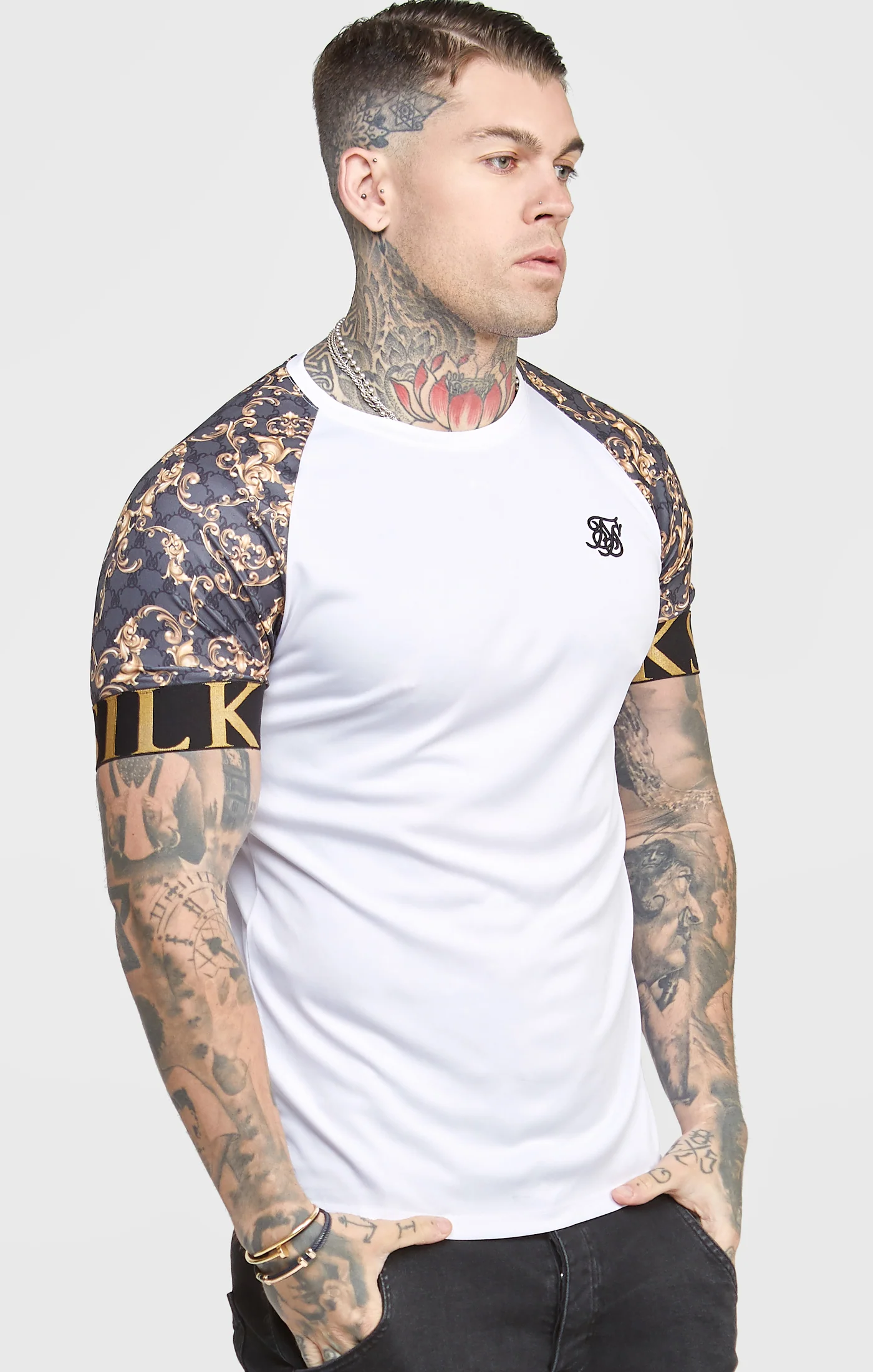 White Venetian Print Raglan Elastic Cuff T-Shirt