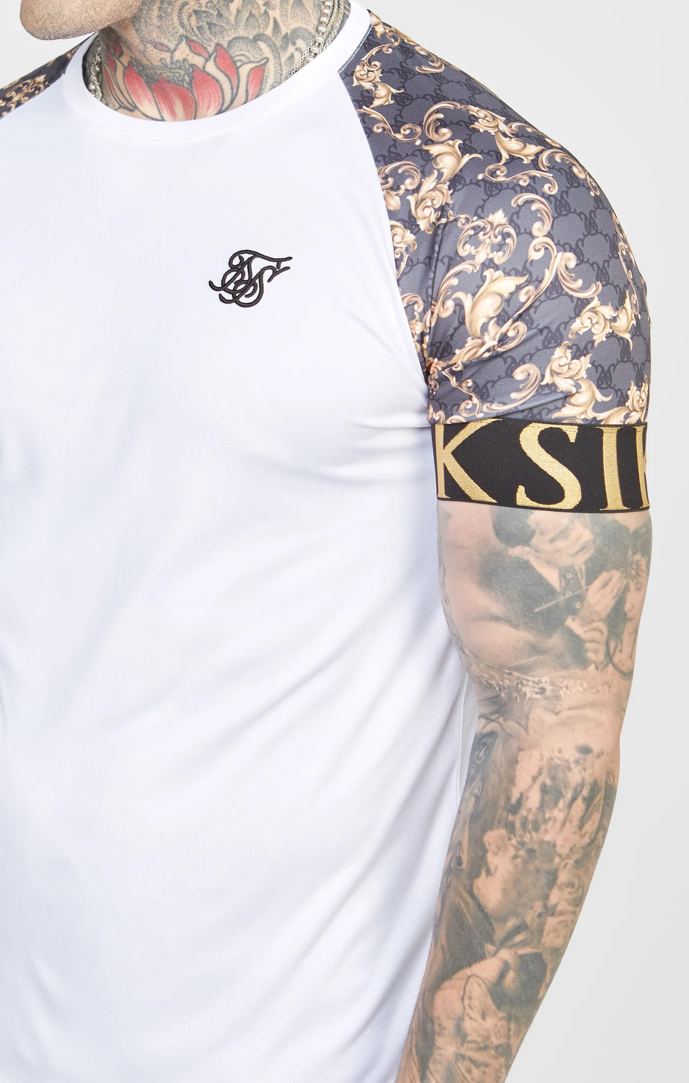 White Venetian Print Raglan Elastic Cuff T-Shirt - Image 2