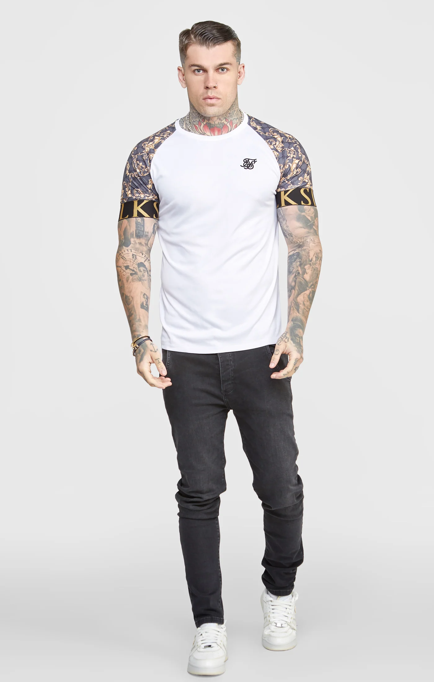 White Venetian Print Raglan Elastic Cuff T-Shirt - Image 3