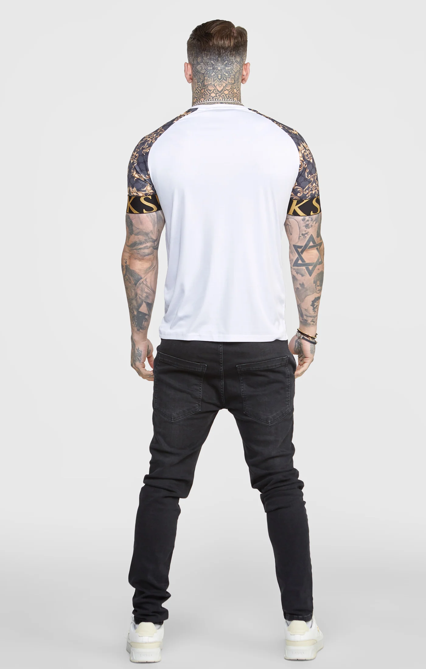 White Venetian Print Raglan Elastic Cuff T-Shirt - Image 5