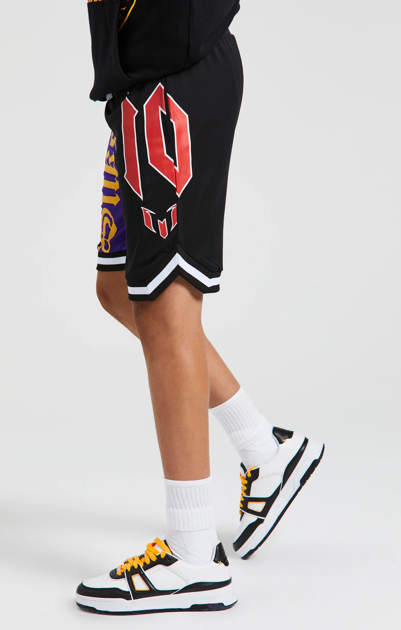 Messi x SikSilk Retro Varsity Basketball Shorts - Black & Purple - Image 2