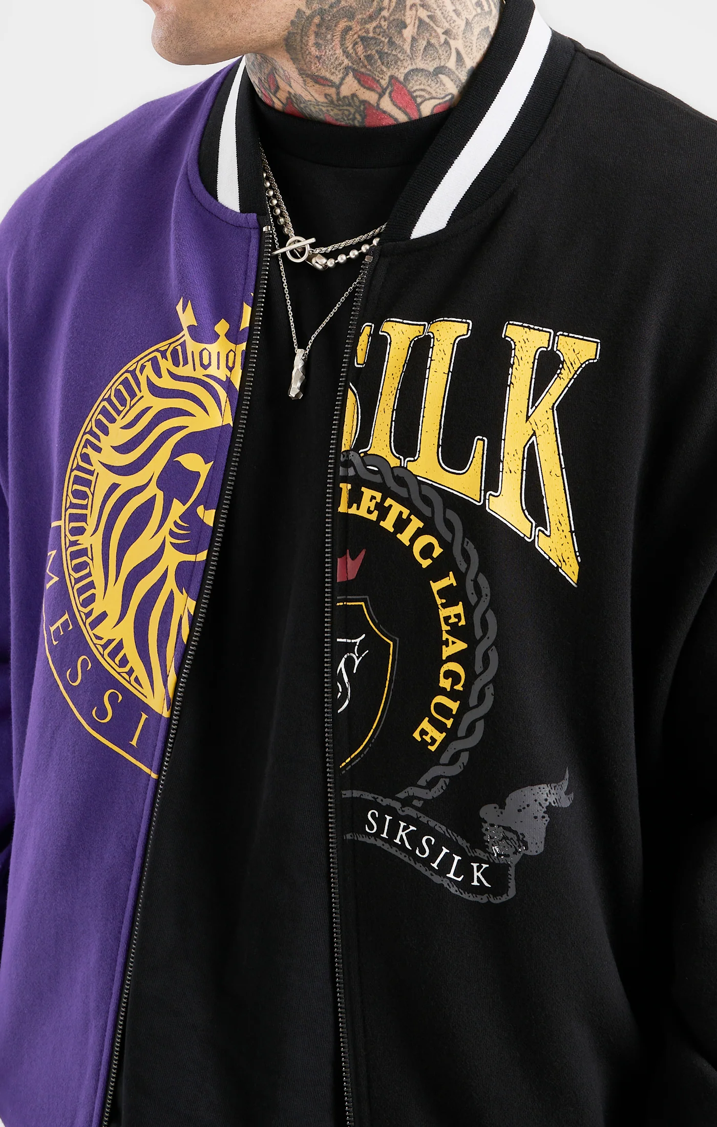 Messi x SikSilk Retro Varsity Bomber Jacket - Black & Purple - Image 2