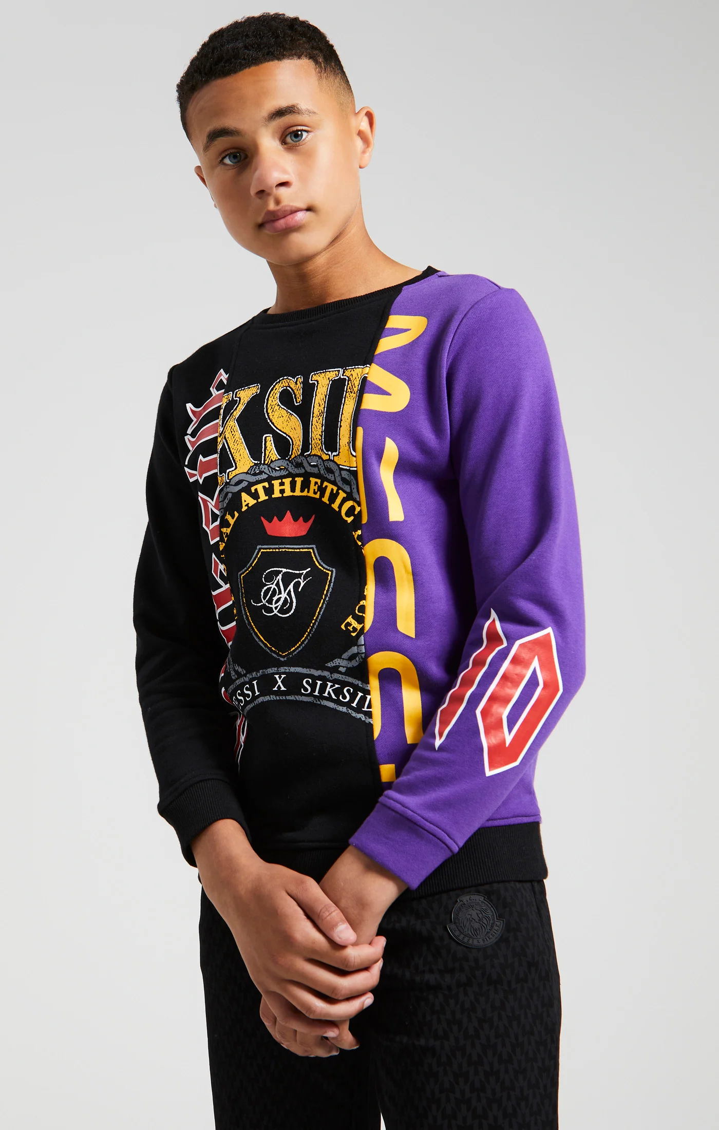 Messi x SikSilk Retro Varsity Crew Sweater - Black & Purple - Image 2
