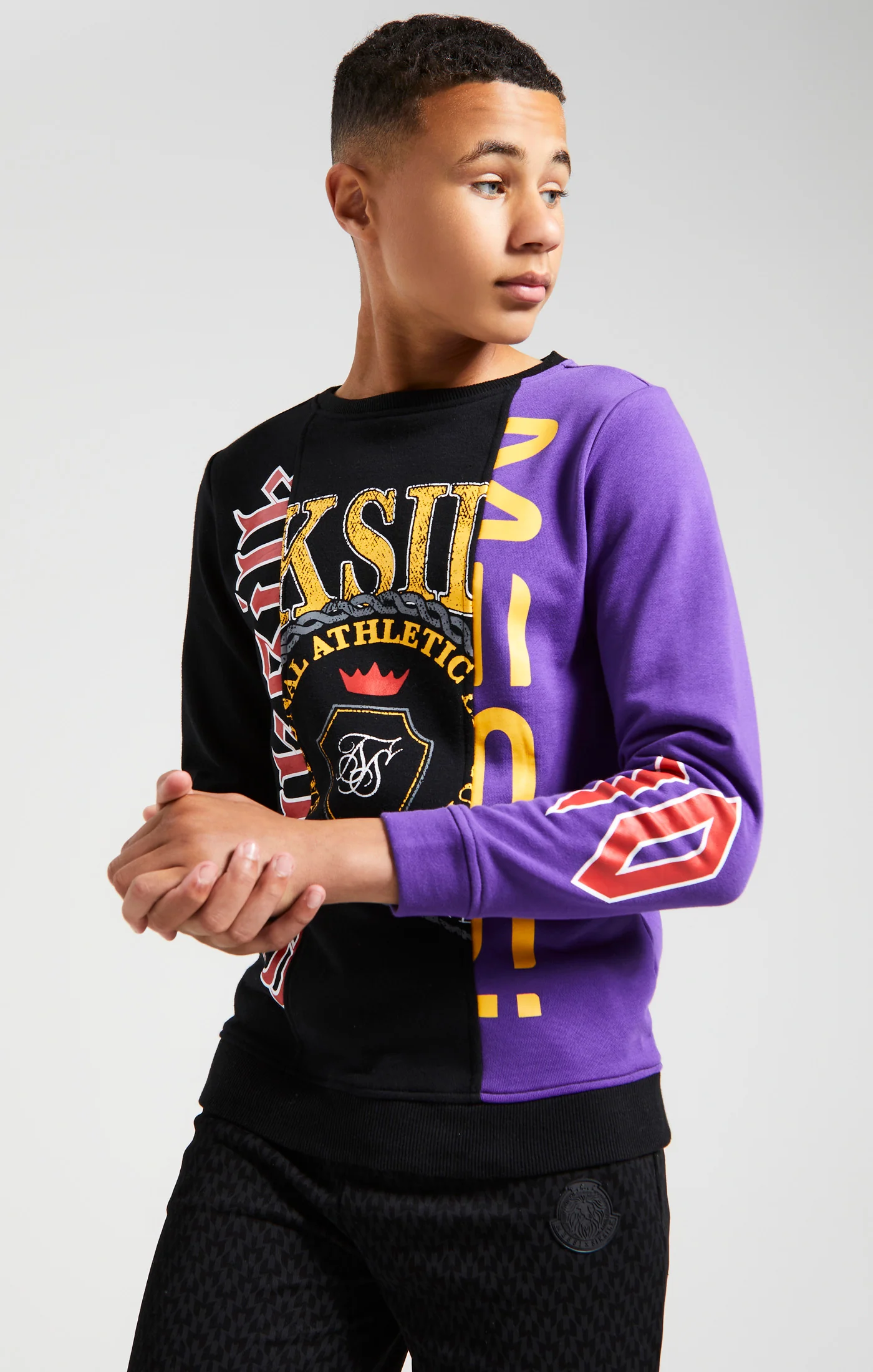 Messi x SikSilk Retro Varsity Crew Sweater - Black & Purple - Image 3