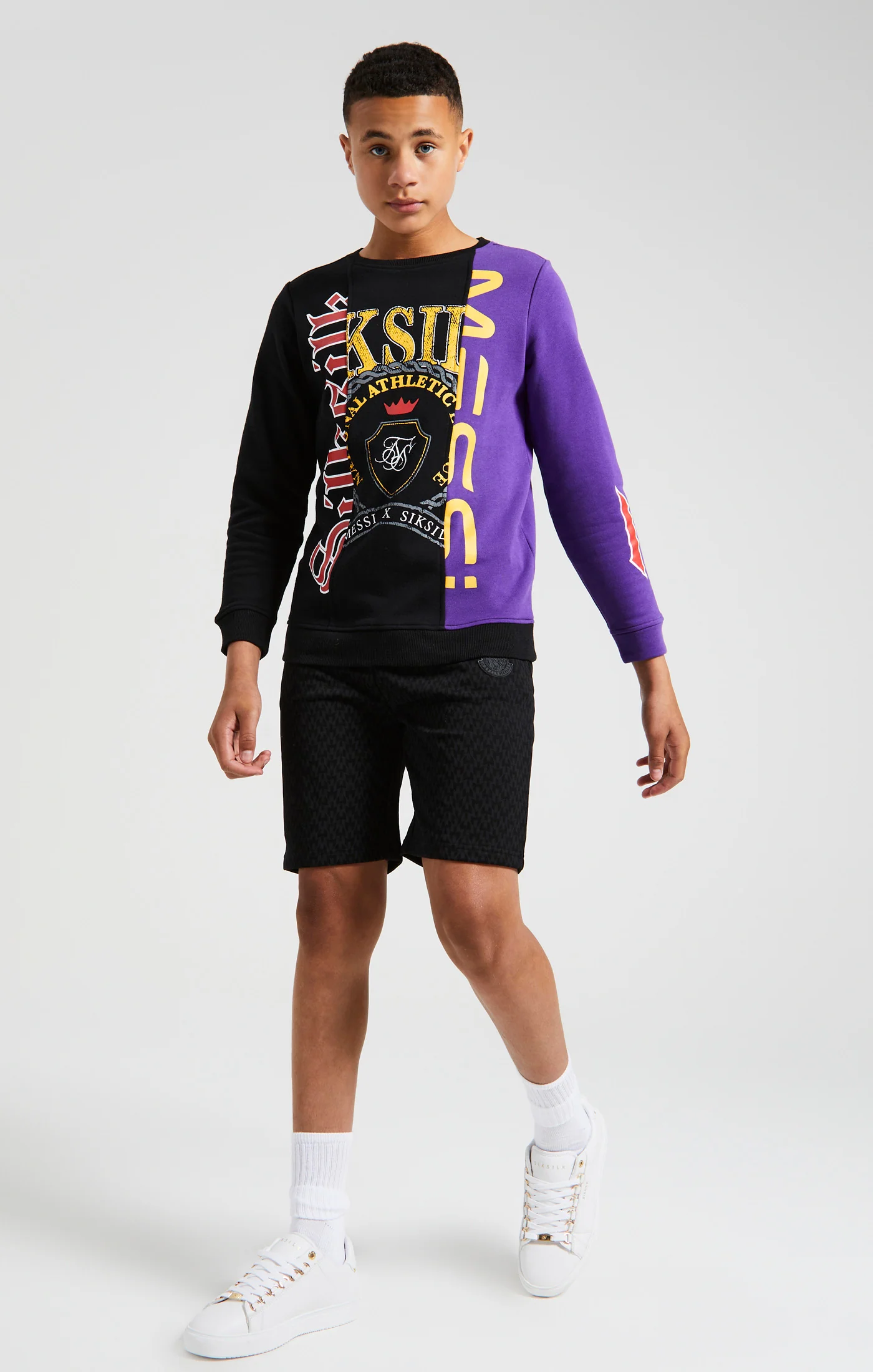 Messi x SikSilk Retro Varsity Crew Sweater - Black & Purple - Image 4