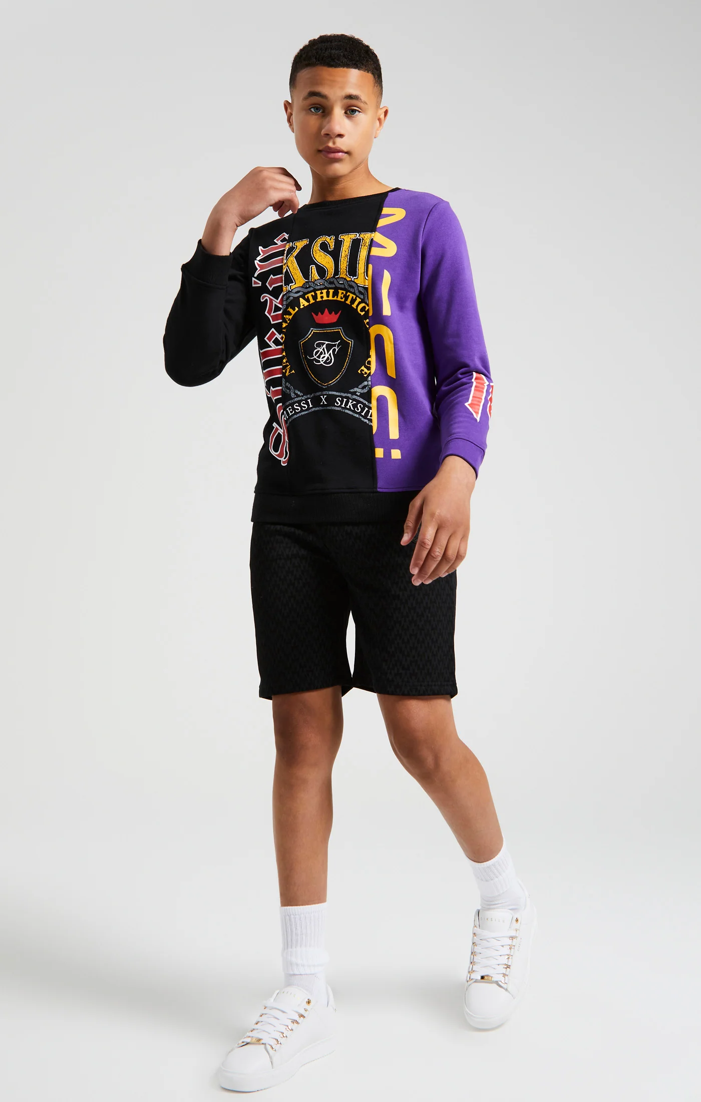 Messi x SikSilk Retro Varsity Crew Sweater - Black & Purple - Image 5