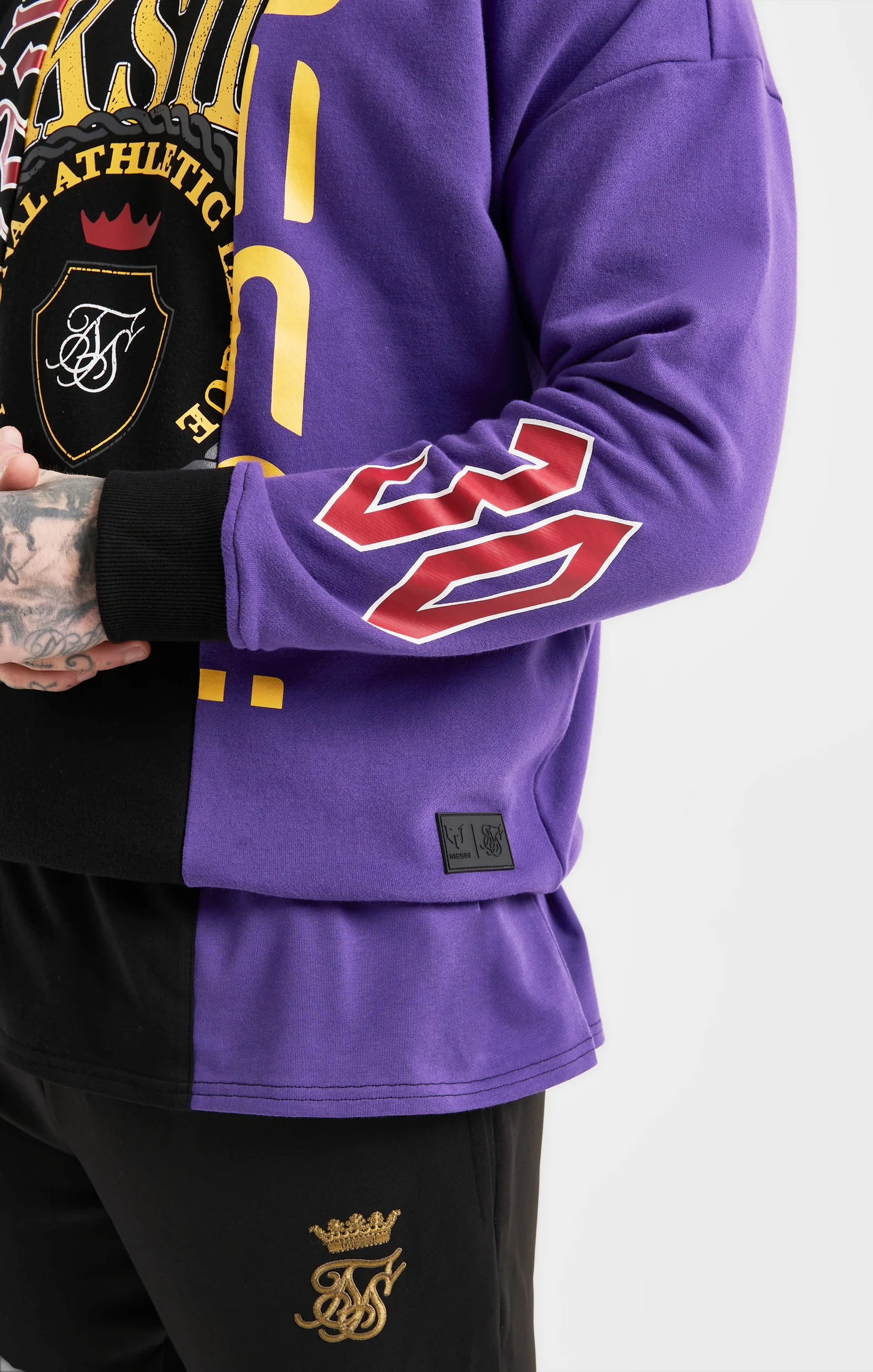Messi x SikSilk Retro Varsity  Crew Sweater - Black & Purple - Image 2
