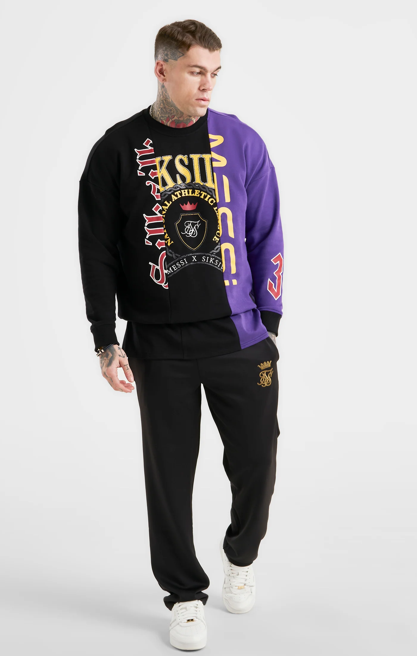 Messi x SikSilk Retro Varsity  Crew Sweater - Black & Purple - Image 4