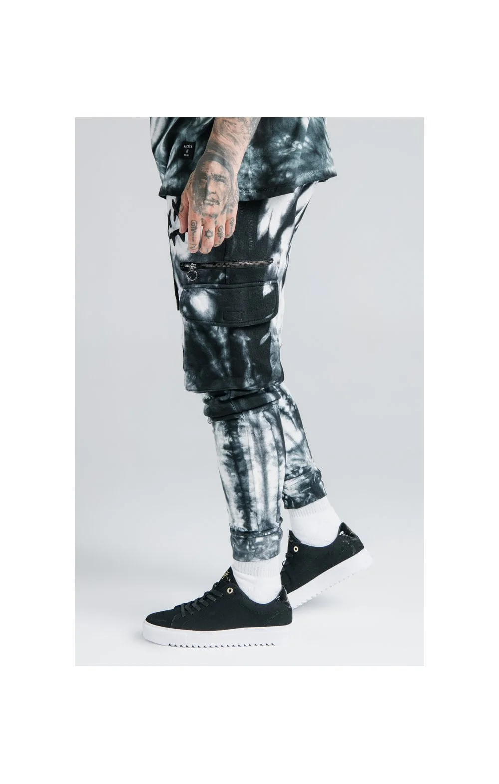 SikSilk X Steve Aoki Cargo Joggers - Black & White Ink Tie Dye - Image 2