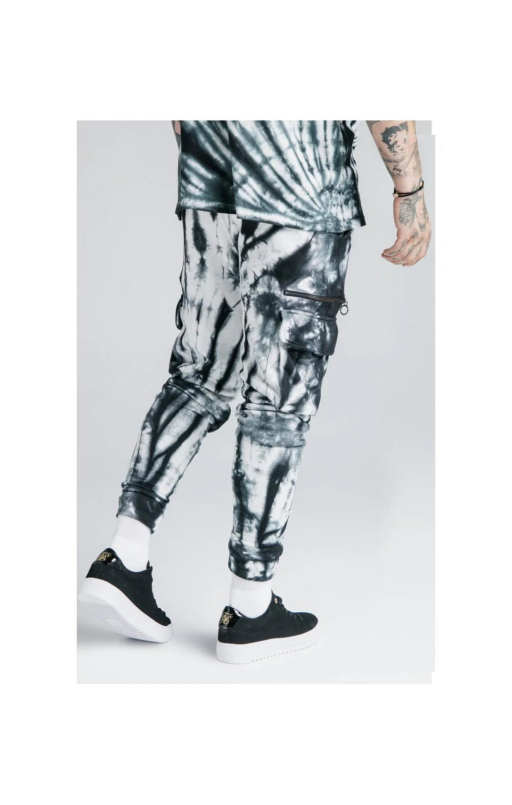 SikSilk X Steve Aoki Cargo Joggers - Black & White Ink Tie Dye - Image 3