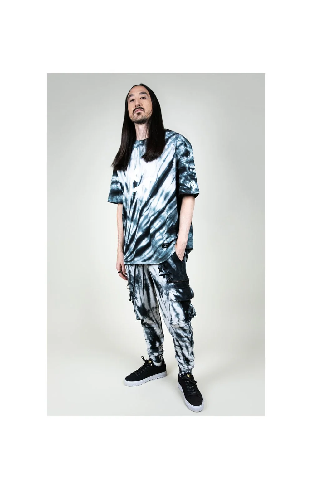 SikSilk X Steve Aoki Cargo Joggers - Black & White Ink Tie Dye - Image 4